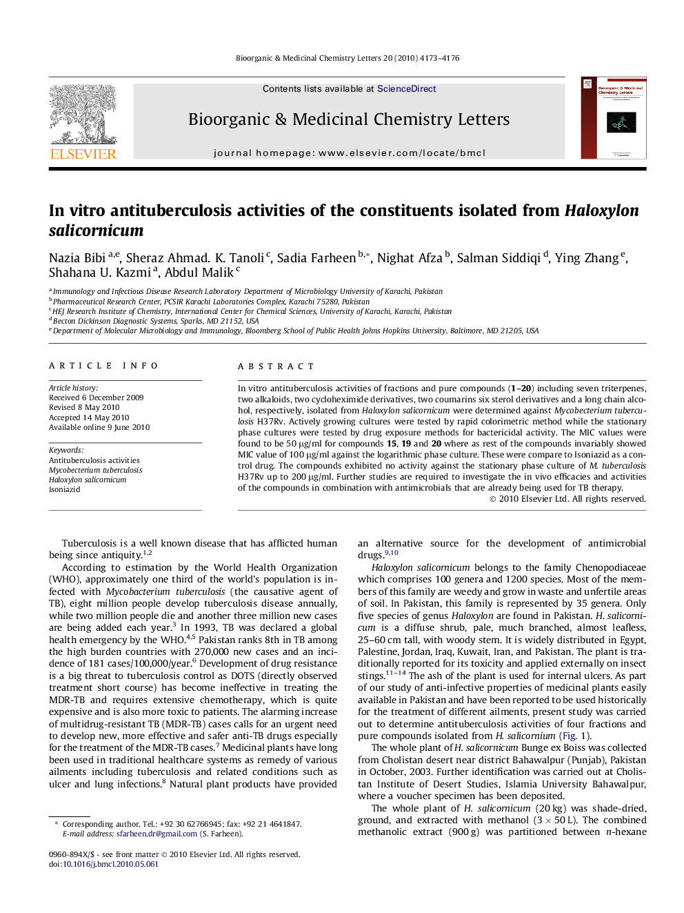 عکس صفحه اول مقاله: In vitro antituberculosis activities of the constituents isolated from Haloxylon salicornicum In vitro antituberculosis activities of the constituents isolated from Haloxylon salicornicum