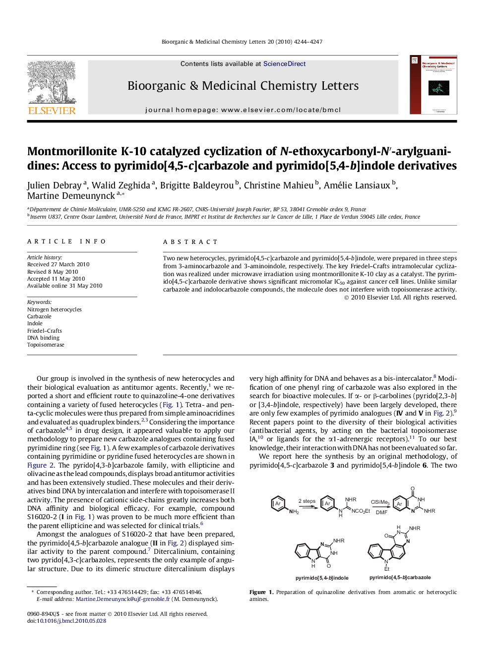 Montmorillonite K-10 catalyzed cyclization of N-ethoxycarbonyl-Nâ²-arylguanidines: Access to pyrimido[4,5-c]carbazole and pyrimido[5,4-b]indole derivatives