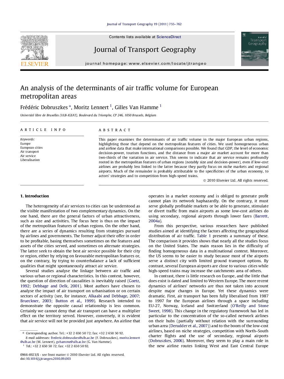 An analysis of the determinants of air traffic volume for European metropolitan areas