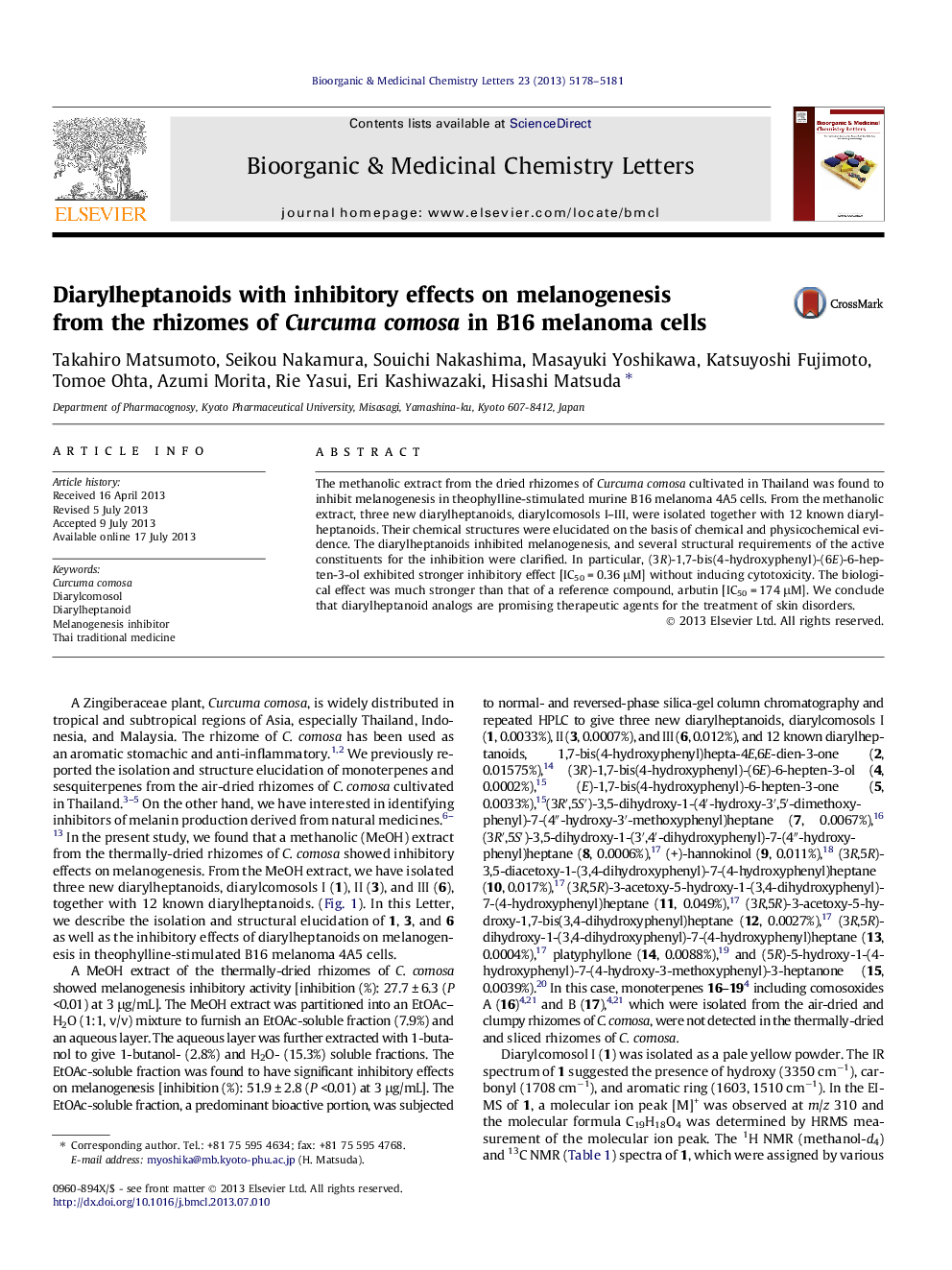 Diarylheptanoids with inhibitory effects on melanogenesis from the rhizomes of Curcuma comosa in B16 melanoma cells