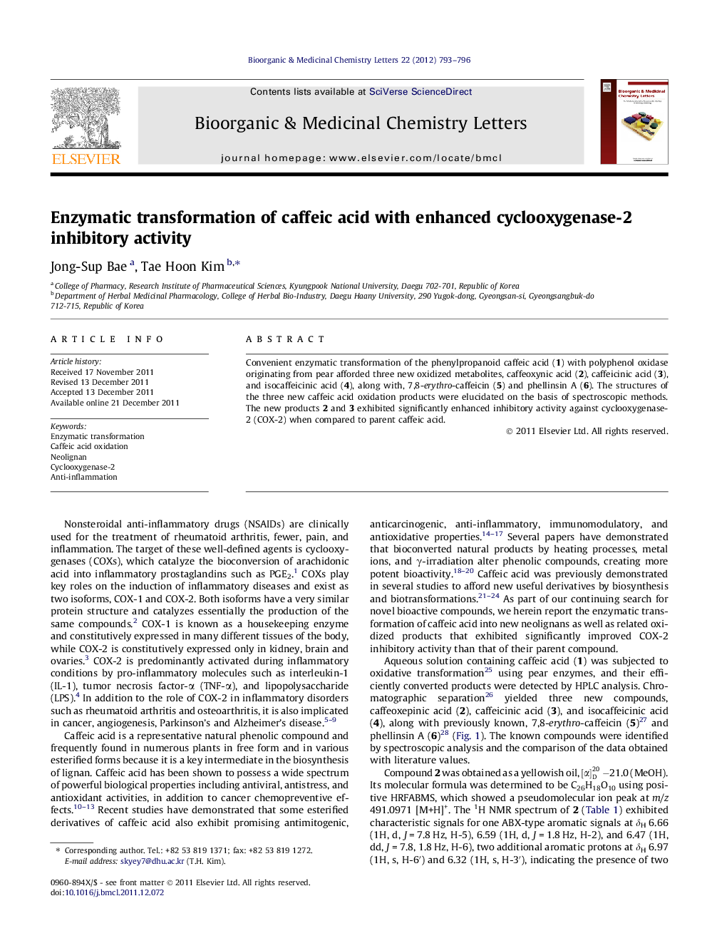 Enzymatic transformation of caffeic acid with enhanced cyclooxygenase-2 inhibitory activity