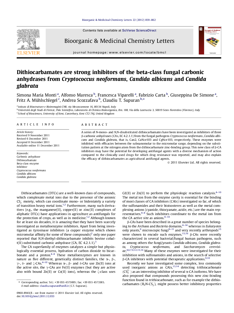 Dithiocarbamates are strong inhibitors of the beta-class fungal carbonic anhydrases from Cryptococcus neoformans, Candida albicans and Candida glabrata