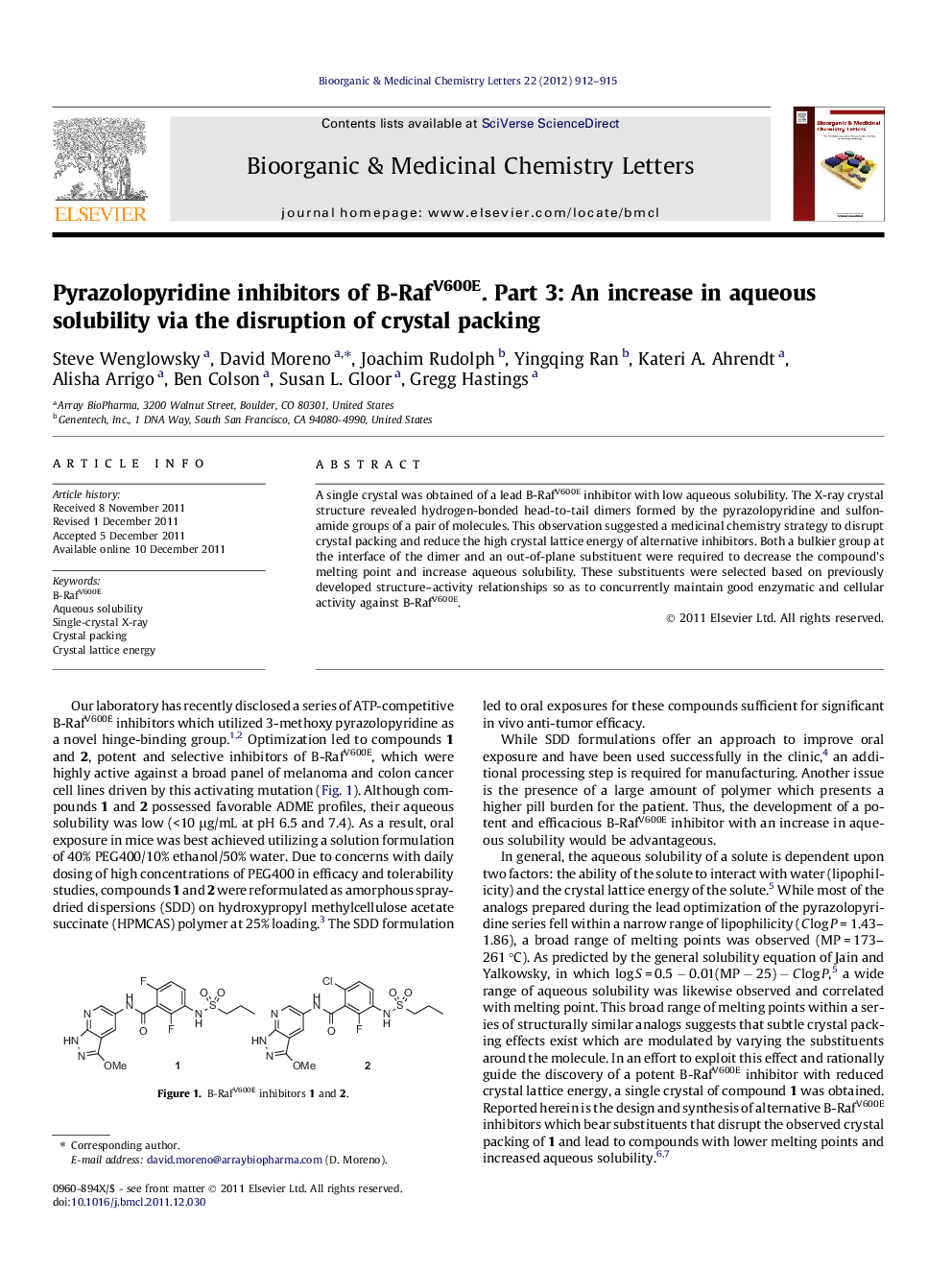 Pyrazolopyridine inhibitors of B-RafV600E. Part 3: An increase in aqueous solubility via the disruption of crystal packing