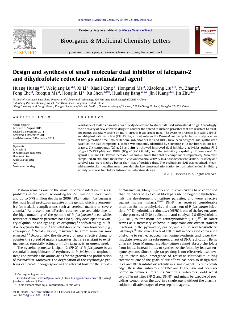 Design and synthesis of small molecular dual inhibitor of falcipain-2 and dihydrofolate reductase as antimalarial agent