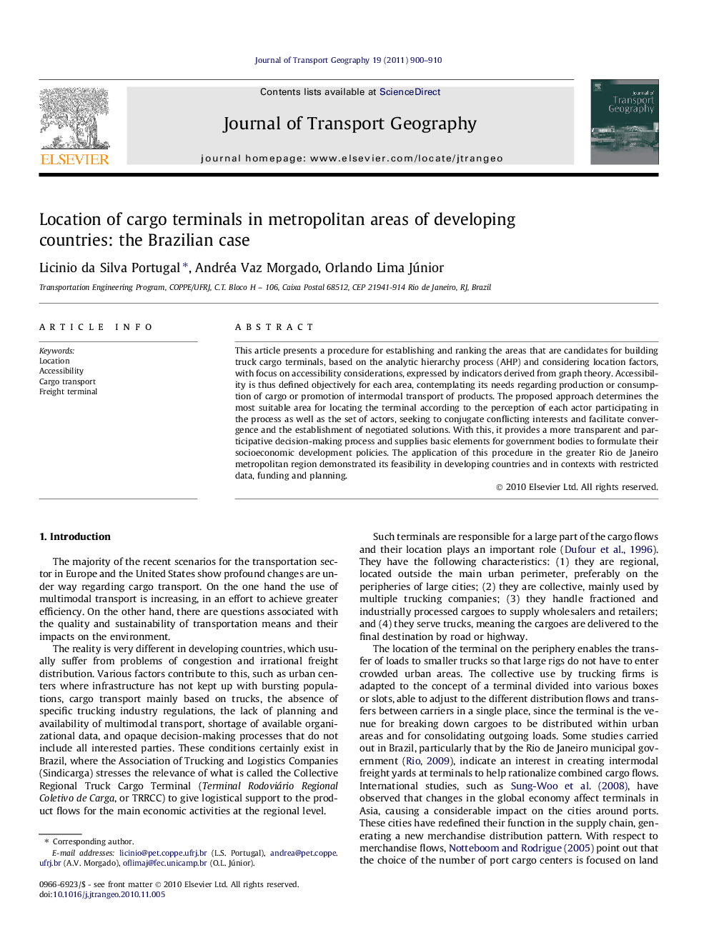 Location of cargo terminals in metropolitan areas of developing countries: the Brazilian case