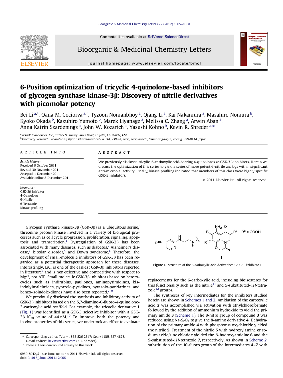 6-Position optimization of tricyclic 4-quinolone-based inhibitors of glycogen synthase kinase-3Î²: Discovery of nitrile derivatives with picomolar potency