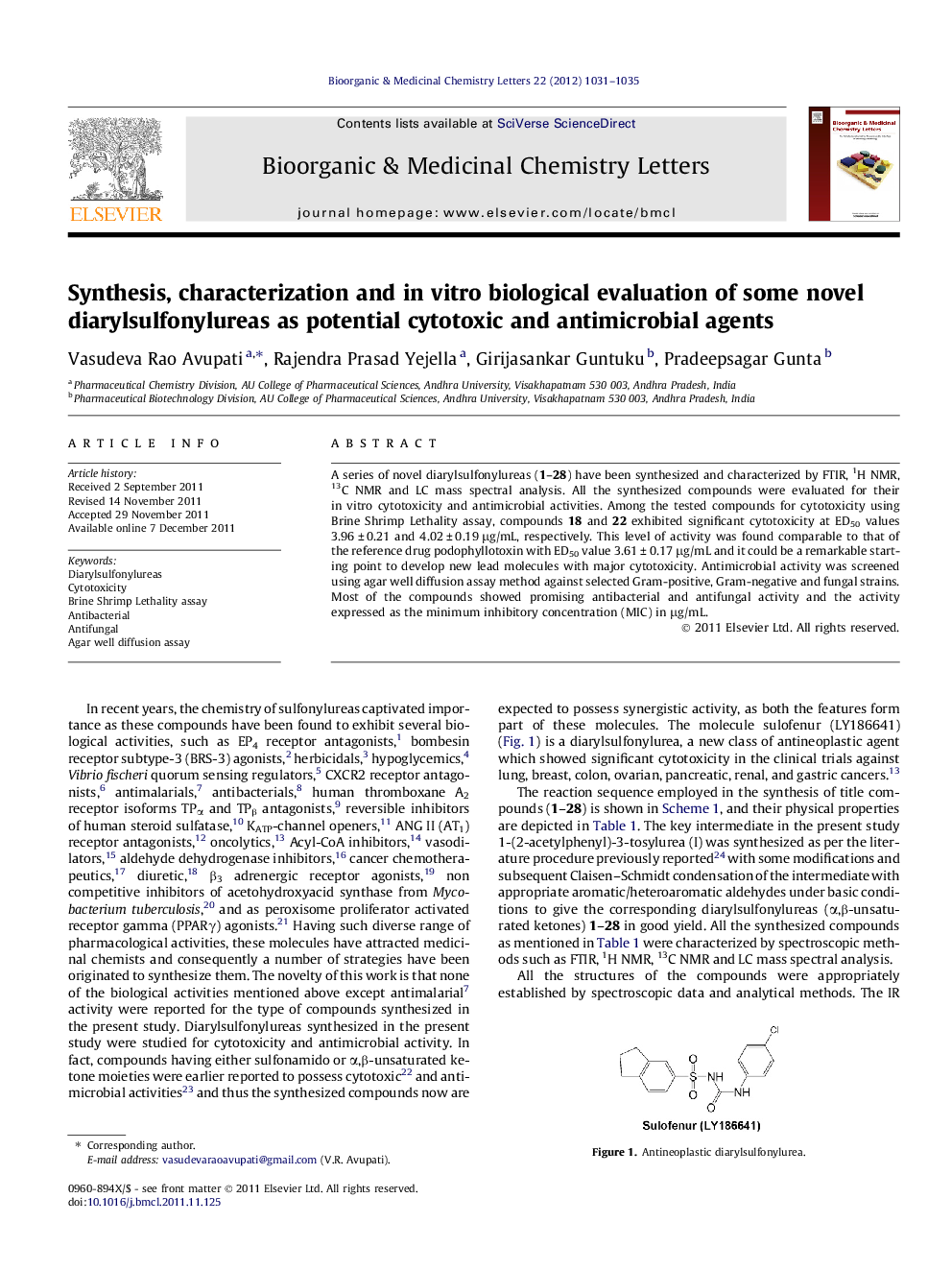 Synthesis, characterization and in vitro biological evaluation of some novel diarylsulfonylureas as potential cytotoxic and antimicrobial agents