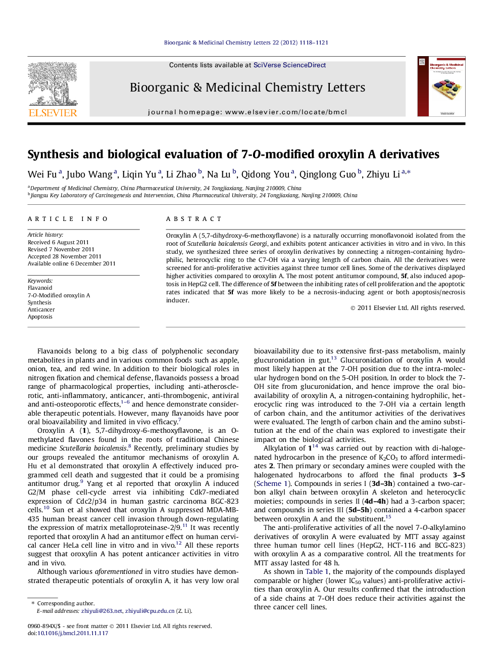 Synthesis and biological evaluation of 7-O-modified oroxylin A derivatives