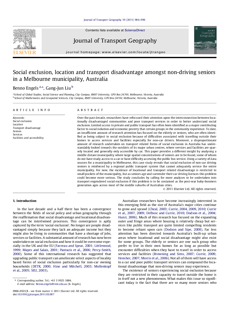 Social exclusion, location and transport disadvantage amongst non-driving seniors in a Melbourne municipality, Australia