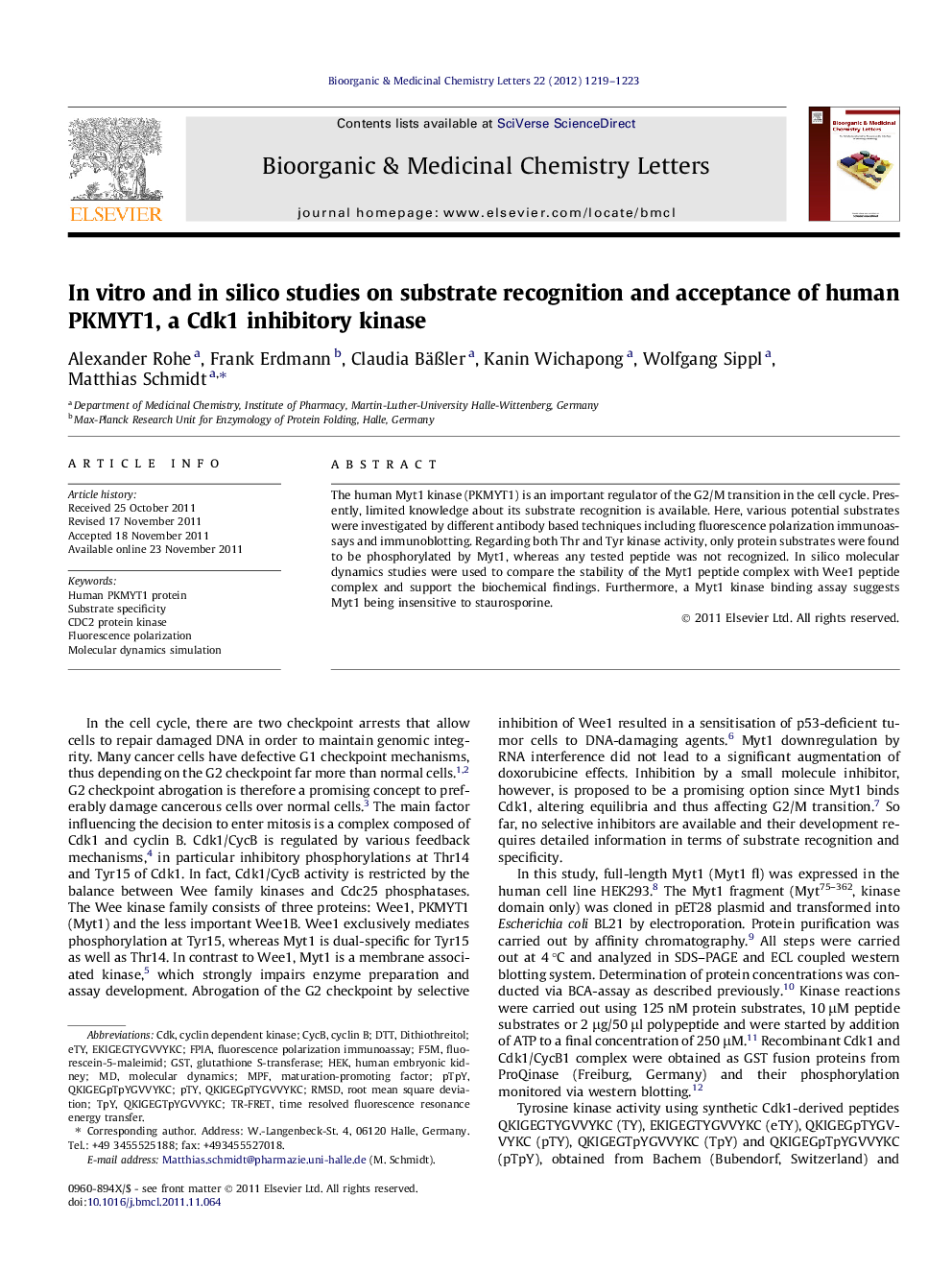 عکس صفحه اول مقاله: In vitro and in silico studies on substrate recognition and acceptance of human PKMYT1, a Cdk1 inhibitory kinase In vitro and in silico studies on substrate recognition and acceptance of human PKMYT1, a Cdk1 inhibitory kinase