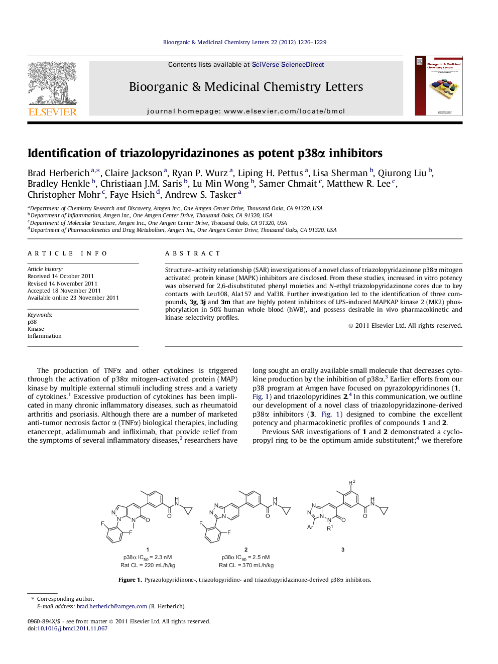 عکس صفحه اول مقاله: Identification of triazolopyridazinones as potent p38α inhibitors Identification of triazolopyridazinones as potent p38α inhibitors