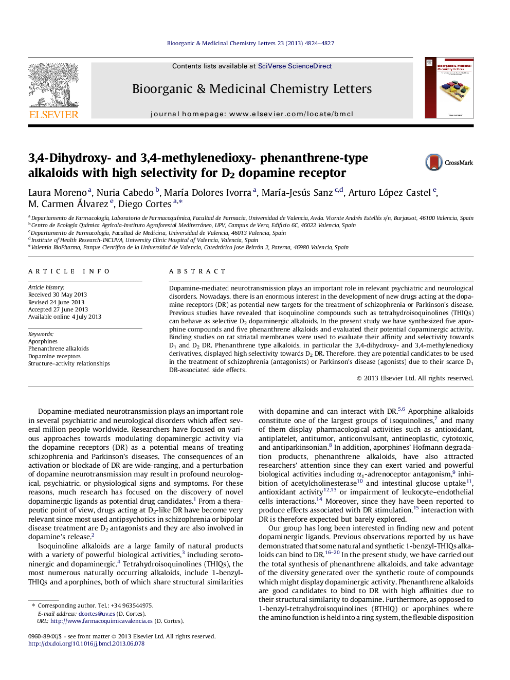 3,4-Dihydroxy- and 3,4-methylenedioxy- phenanthrene-type alkaloids with high selectivity for D2 dopamine receptor