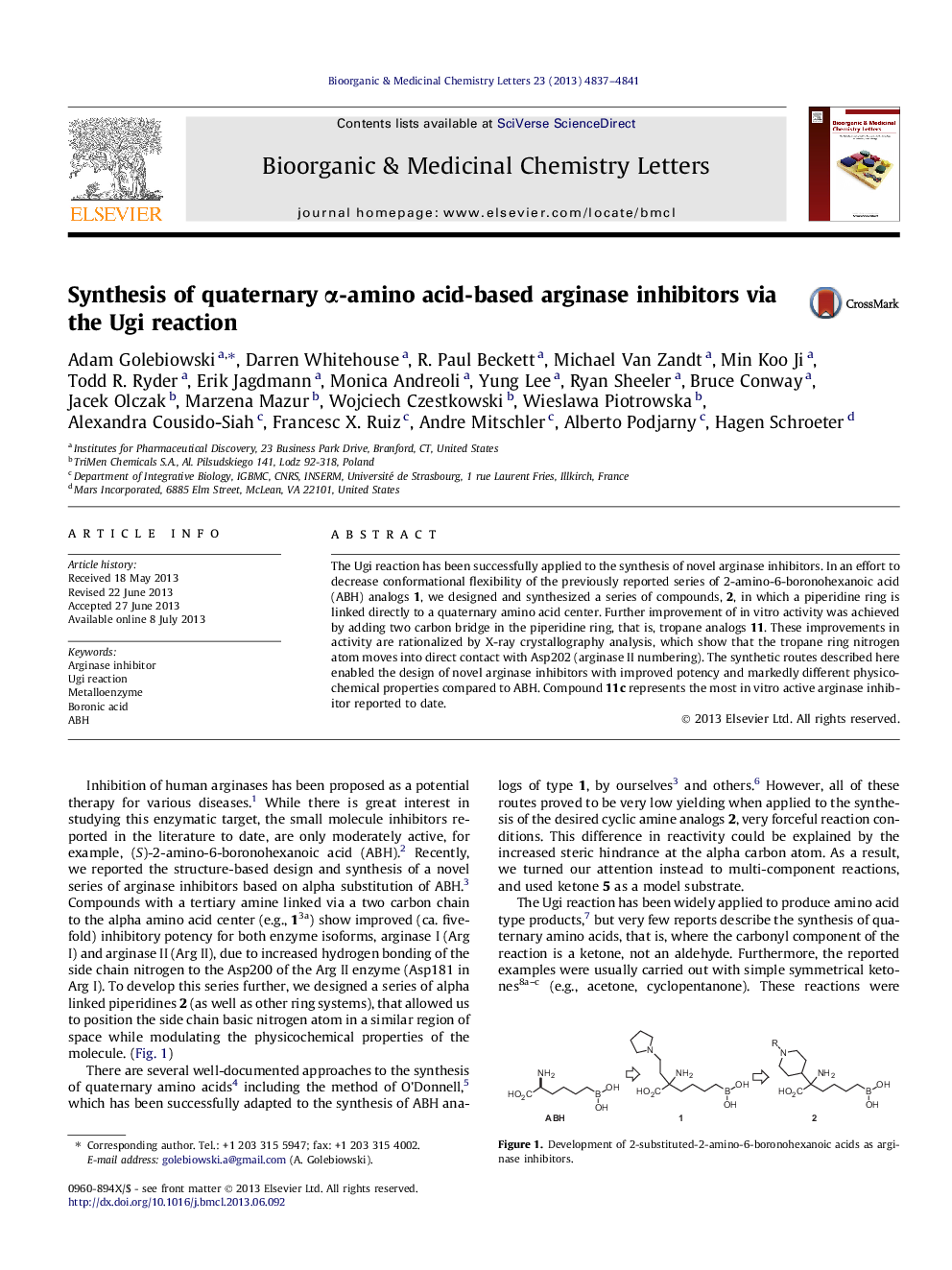 Synthesis of quaternary Î±-amino acid-based arginase inhibitors via the Ugi reaction