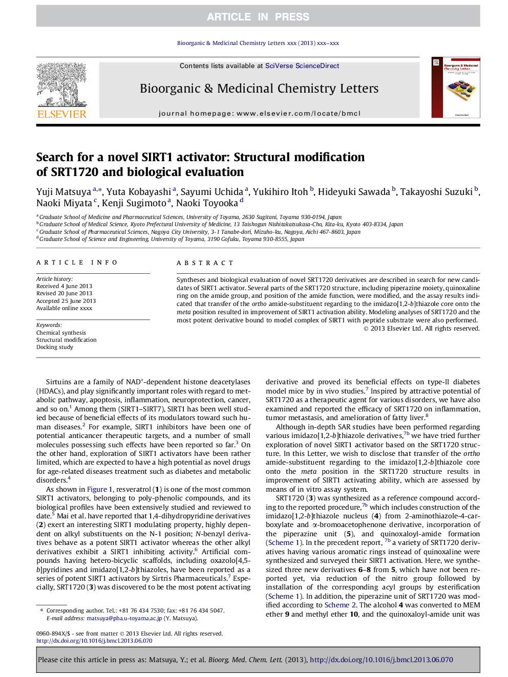 Search for a novel SIRT1 activator: Structural modification of SRT1720 and biological evaluation