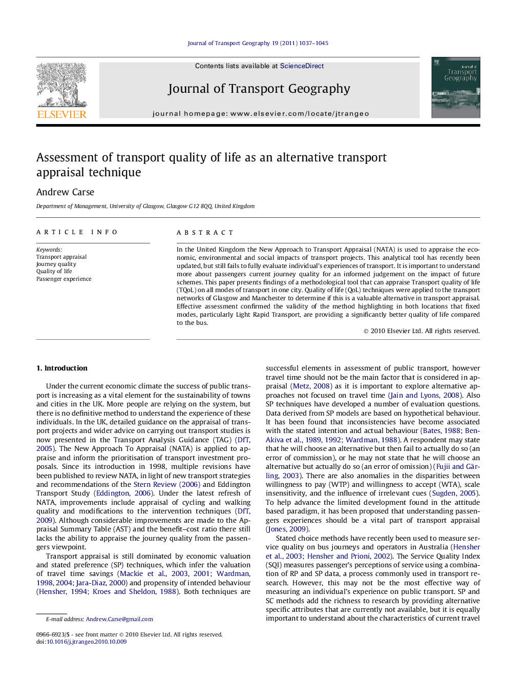 Assessment of transport quality of life as an alternative transport appraisal technique