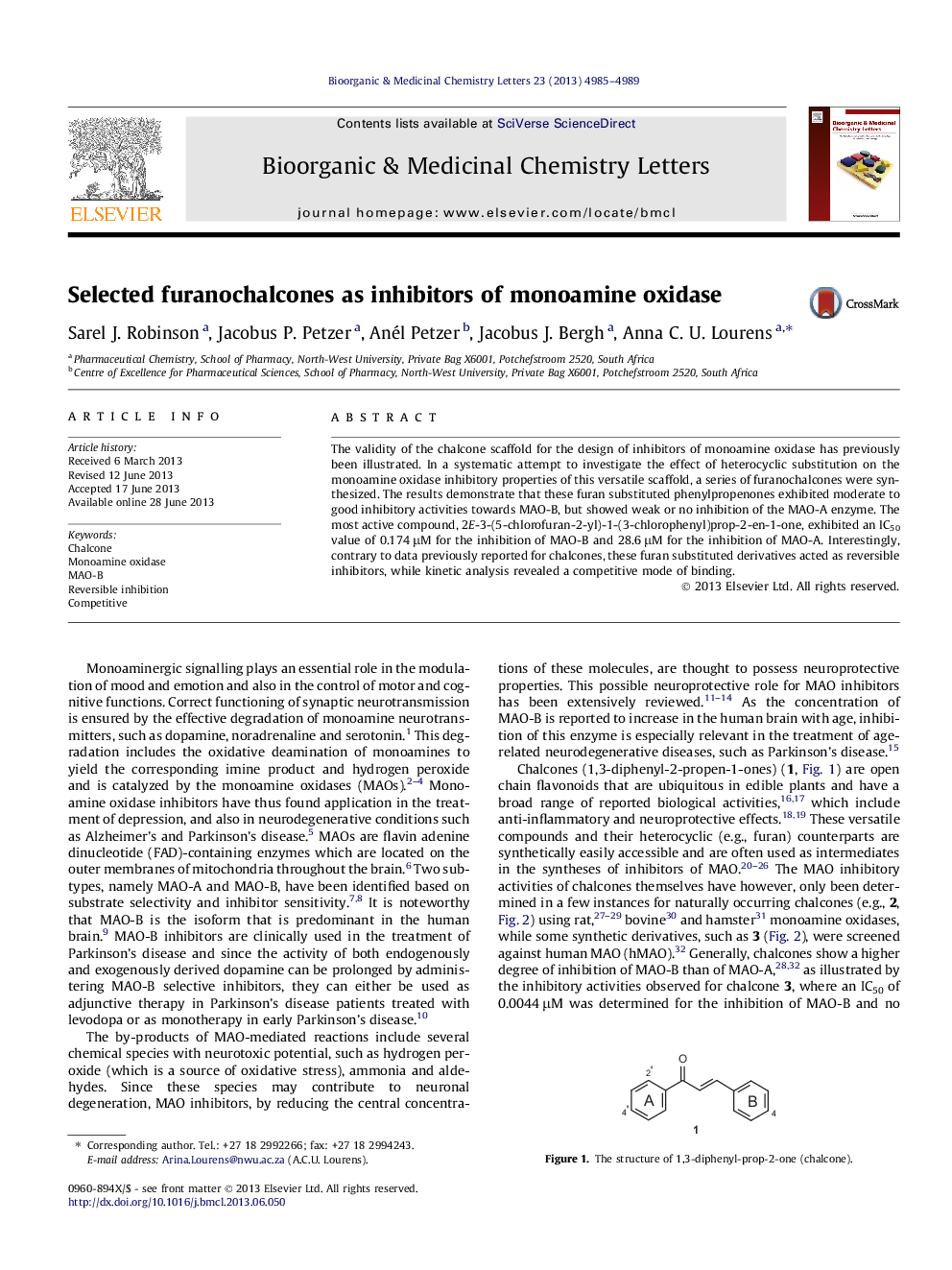 Selected furanochalcones as inhibitors of monoamine oxidase