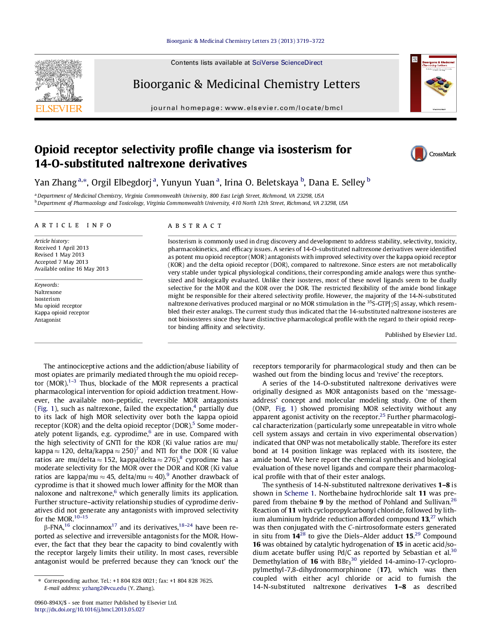 Opioid receptor selectivity profile change via isosterism for 14-O-substituted naltrexone derivatives