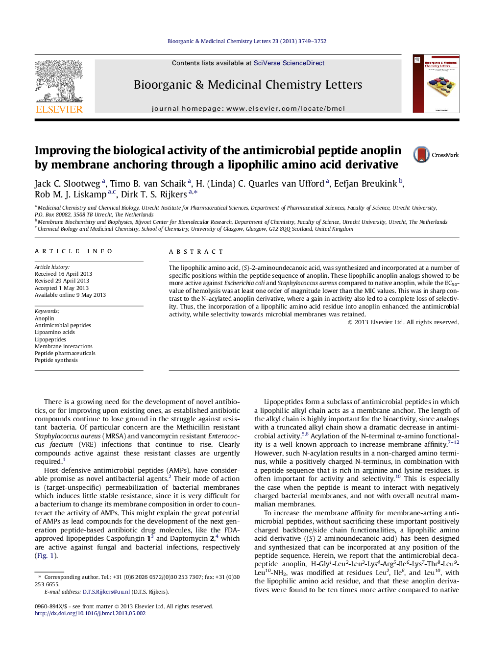 Improving the biological activity of the antimicrobial peptide anoplin by membrane anchoring through a lipophilic amino acid derivative