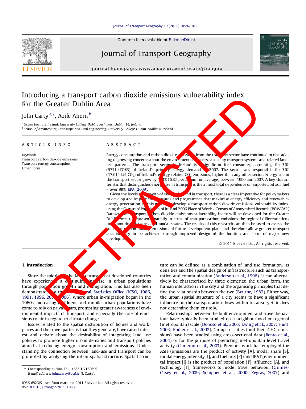 عکس صفحه اول مقاله: RETRACTED: Introducing a transport carbon dioxide emissions vulnerability index for the Greater Dublin Area RETRACTED: Introducing a transport carbon dioxide emissions vulnerability index for the Greater Dublin Area