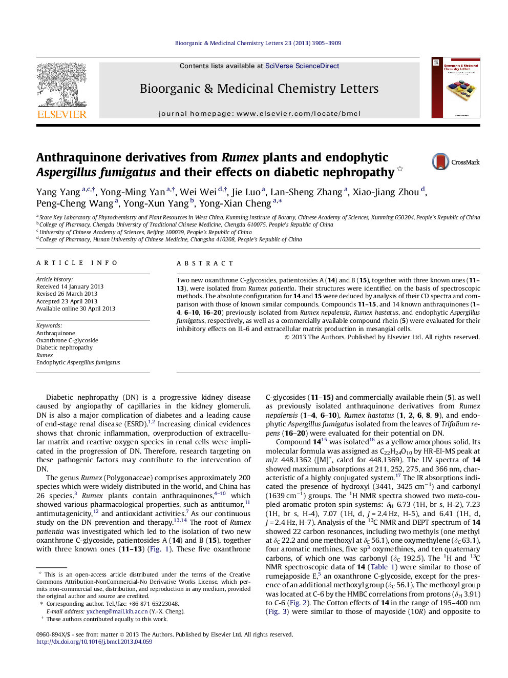 Anthraquinone derivatives from Rumex plants and endophytic Aspergillus fumigatus and their effects on diabetic nephropathy