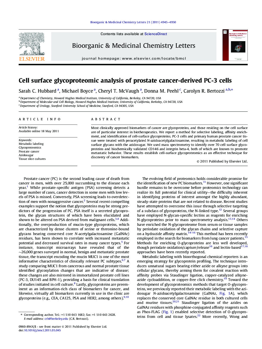 Cell surface glycoproteomic analysis of prostate cancer-derived PC-3 cells