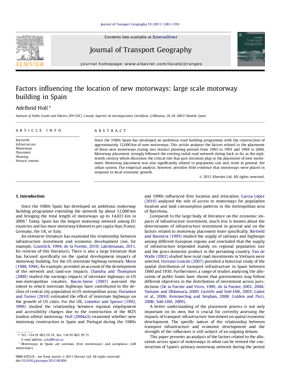 Factors influencing the location of new motorways: large scale motorway building in Spain