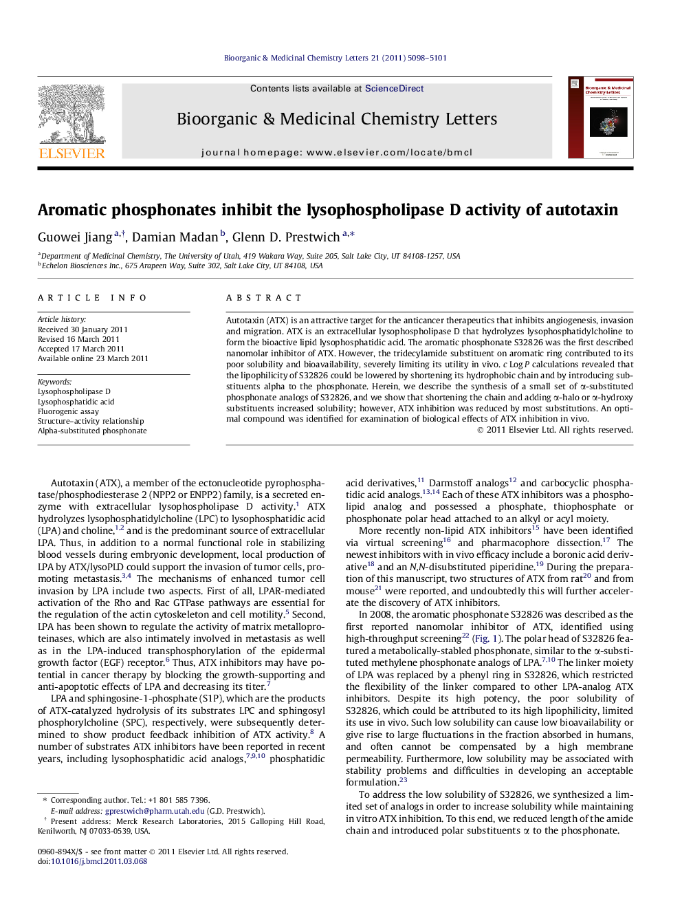 Aromatic phosphonates inhibit the lysophospholipase D activity of autotaxin