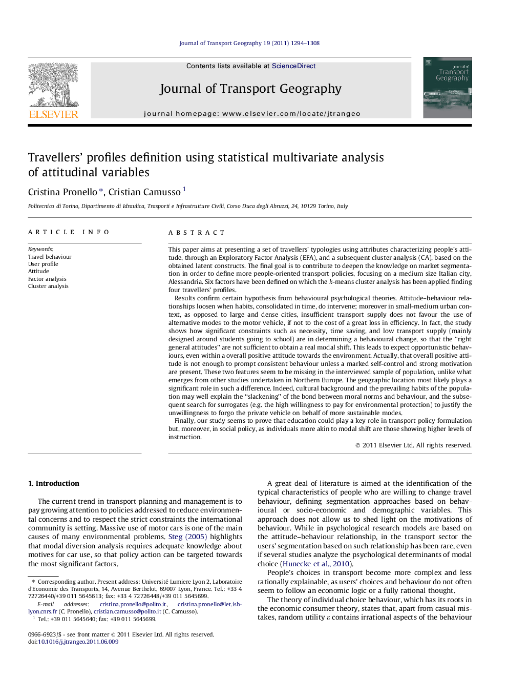 Travellers’ profiles definition using statistical multivariate analysis of attitudinal variables