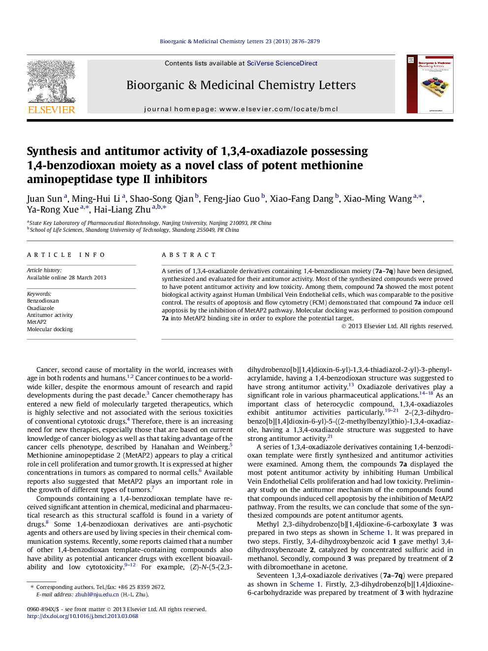 Synthesis and antitumor activity of 1,3,4-oxadiazole possessing 1,4-benzodioxan moiety as a novel class of potent methionine aminopeptidase type II inhibitors