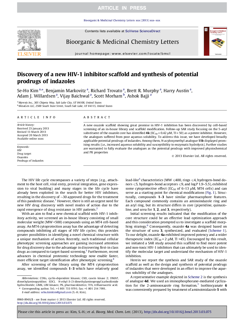 Discovery of a new HIV-1 inhibitor scaffold and synthesis of potential prodrugs of indazoles