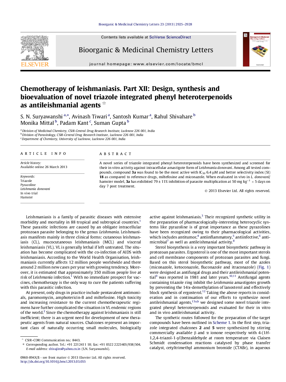 Chemotherapy of leishmaniasis. Part XII: Design, synthesis and bioevaluation of novel triazole integrated phenyl heteroterpenoids as antileishmanial agents