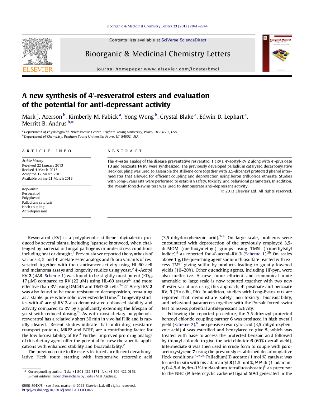 A new synthesis of 4â²-resveratrol esters and evaluation of the potential for anti-depressant activity