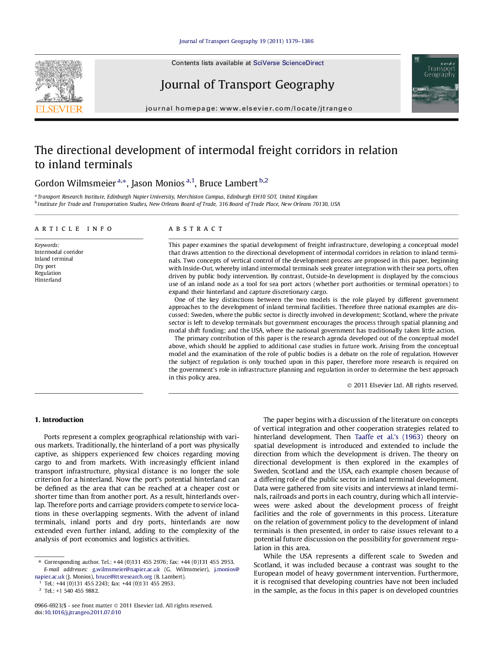 The directional development of intermodal freight corridors in relation to inland terminals