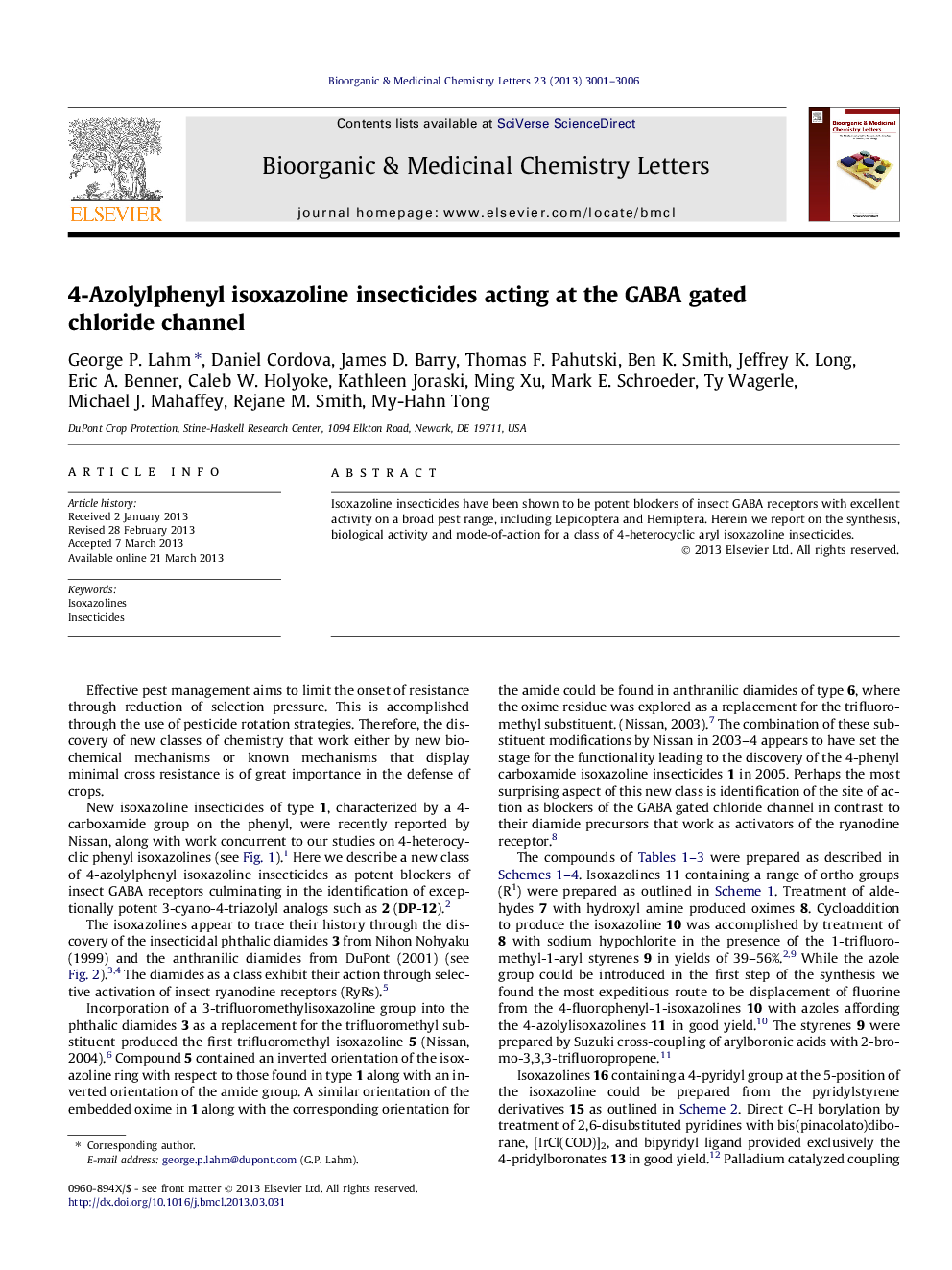 4-Azolylphenyl isoxazoline insecticides acting at the GABA gated chloride channel