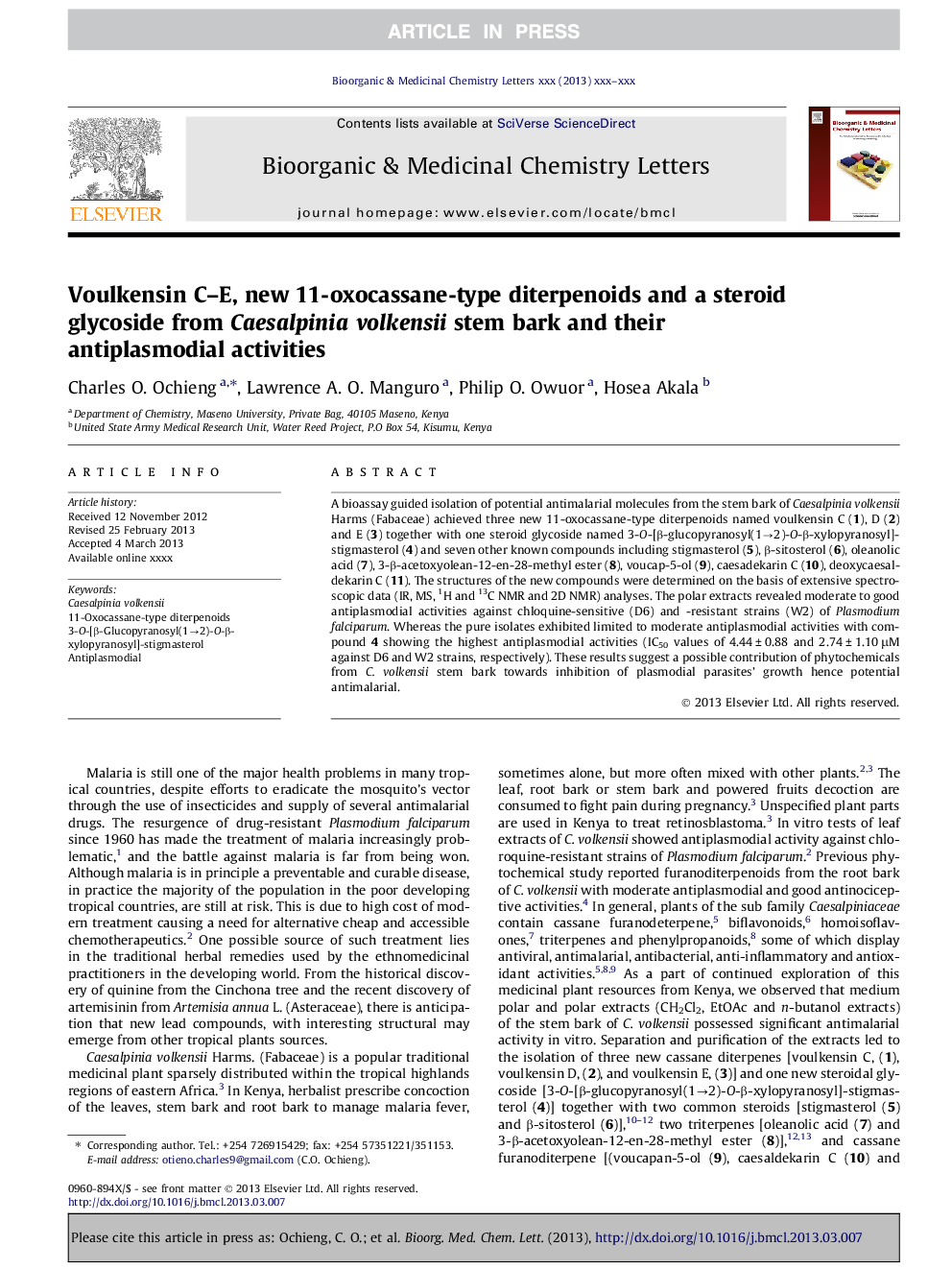 Voulkensin C-E, new 11-oxocassane-type diterpenoids and a steroid glycoside from Caesalpinia volkensii stem bark and their antiplasmodial activities