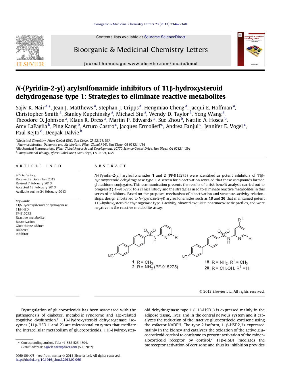 N-(Pyridin-2-yl) arylsulfonamide inhibitors of 11Î²-hydroxysteroid dehydrogenase type 1: Strategies to eliminate reactive metabolites