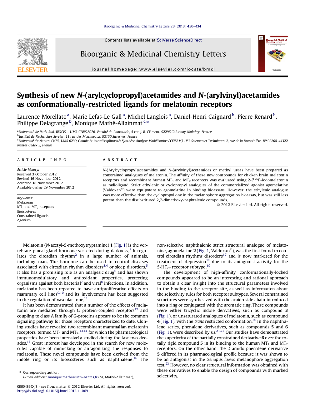 Synthesis of new N-(arylcyclopropyl)acetamides and N-(arylvinyl)acetamides as conformationally-restricted ligands for melatonin receptors