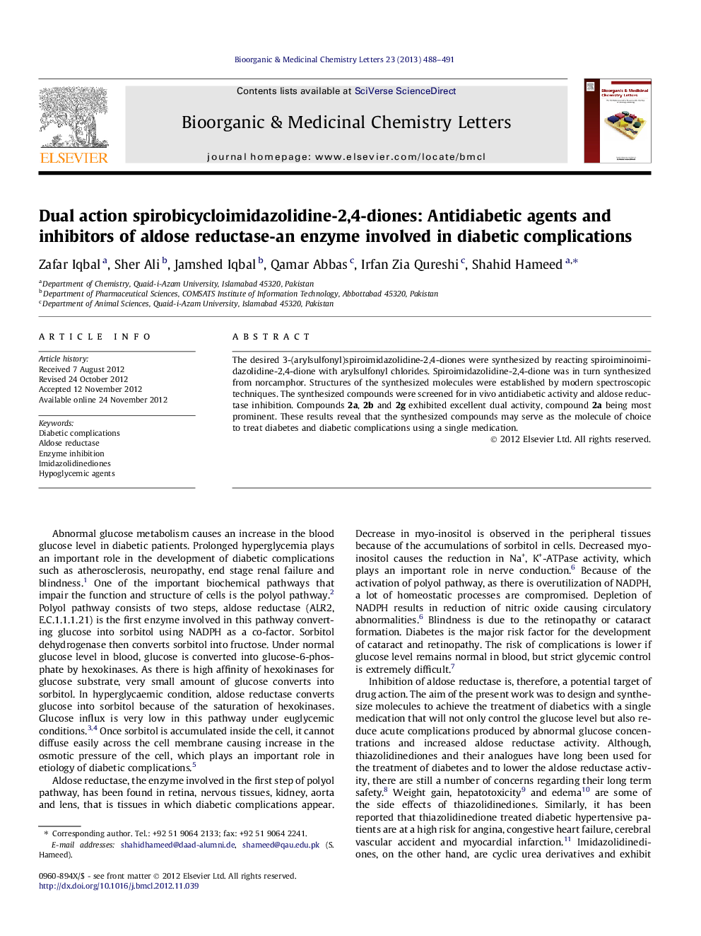 Dual action spirobicycloimidazolidine-2,4-diones: Antidiabetic agents and inhibitors of aldose reductase-an enzyme involved in diabetic complications