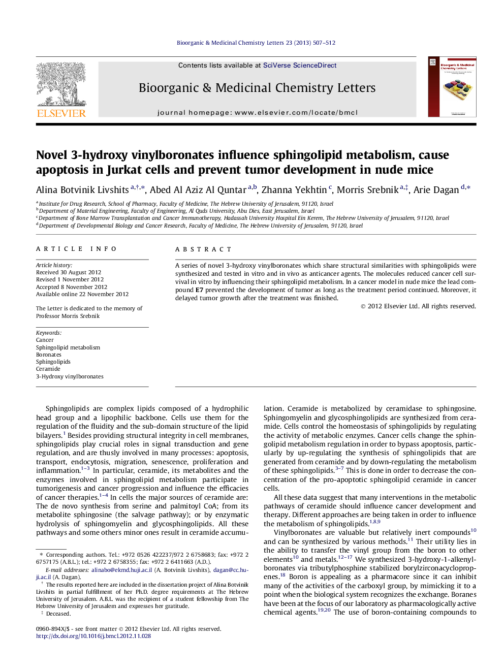 Novel 3-hydroxy vinylboronates influence sphingolipid metabolism, cause apoptosis in Jurkat cells and prevent tumor development in nude mice