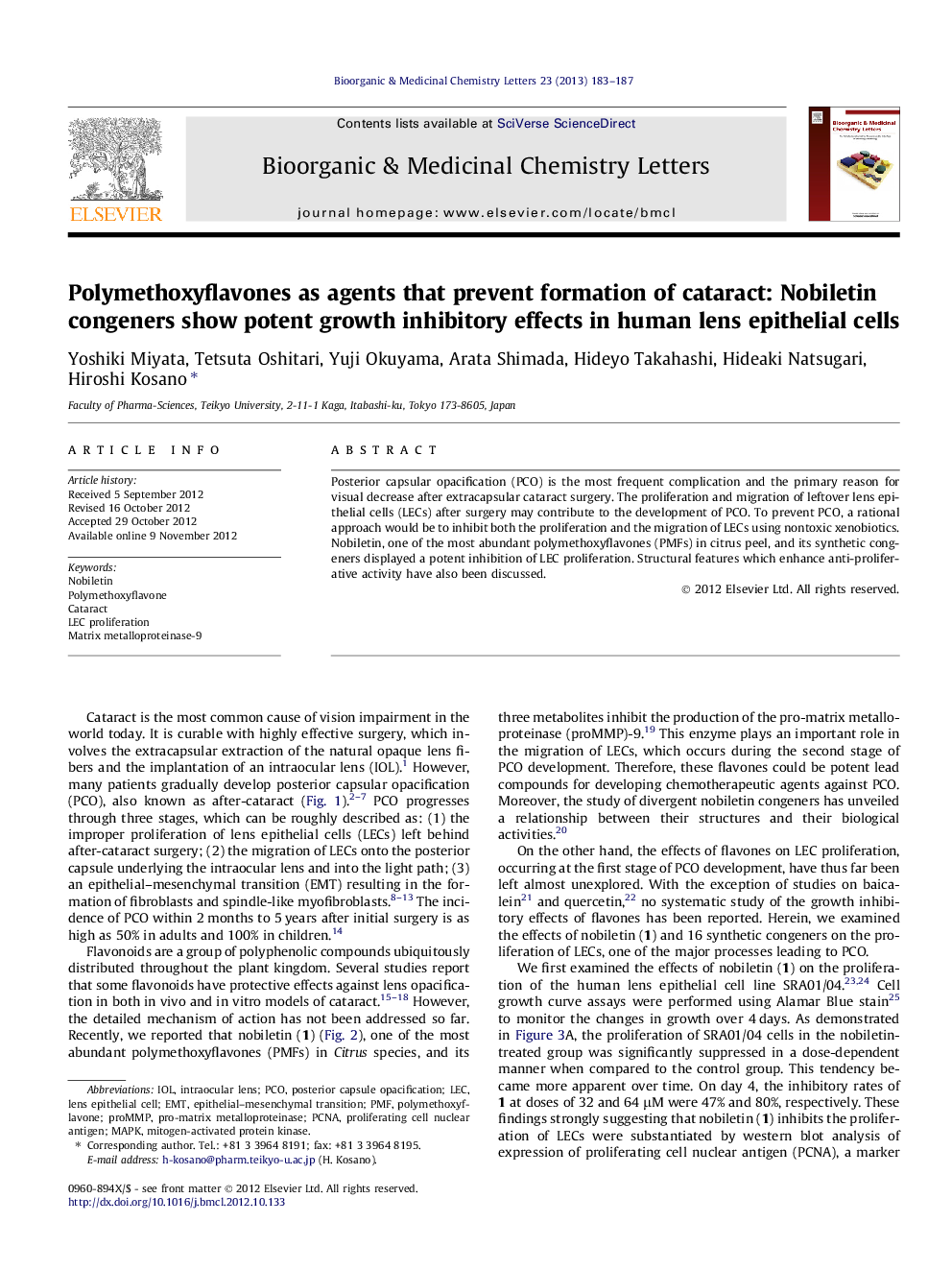 Polymethoxyflavones as agents that prevent formation of cataract: Nobiletin congeners show potent growth inhibitory effects in human lens epithelial cells