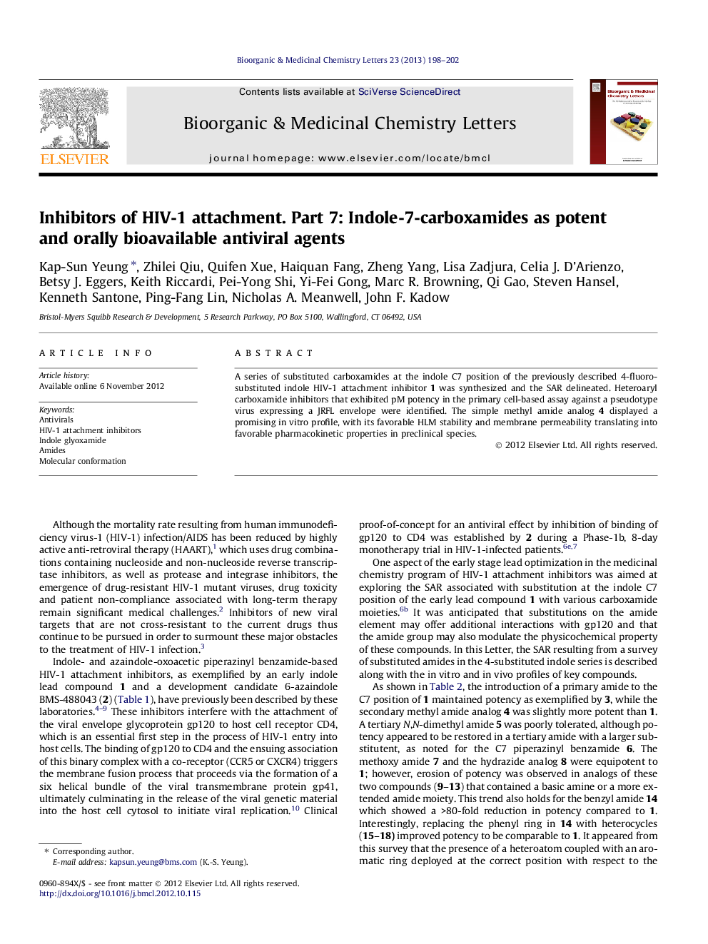 Inhibitors of HIV-1 attachment. Part 7: Indole-7-carboxamides as potent and orally bioavailable antiviral agents