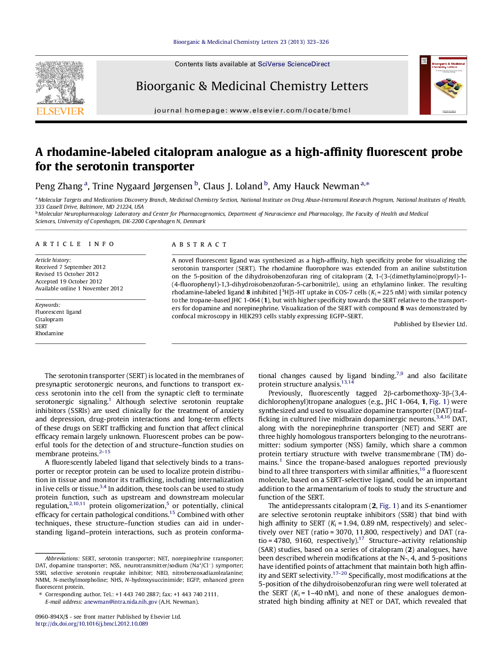 آنالوگ سیتالوپرام حاوی ردمامین به عنوان یک پروب فلورسنت باکتری برای انتقال دهنده سروتونین 