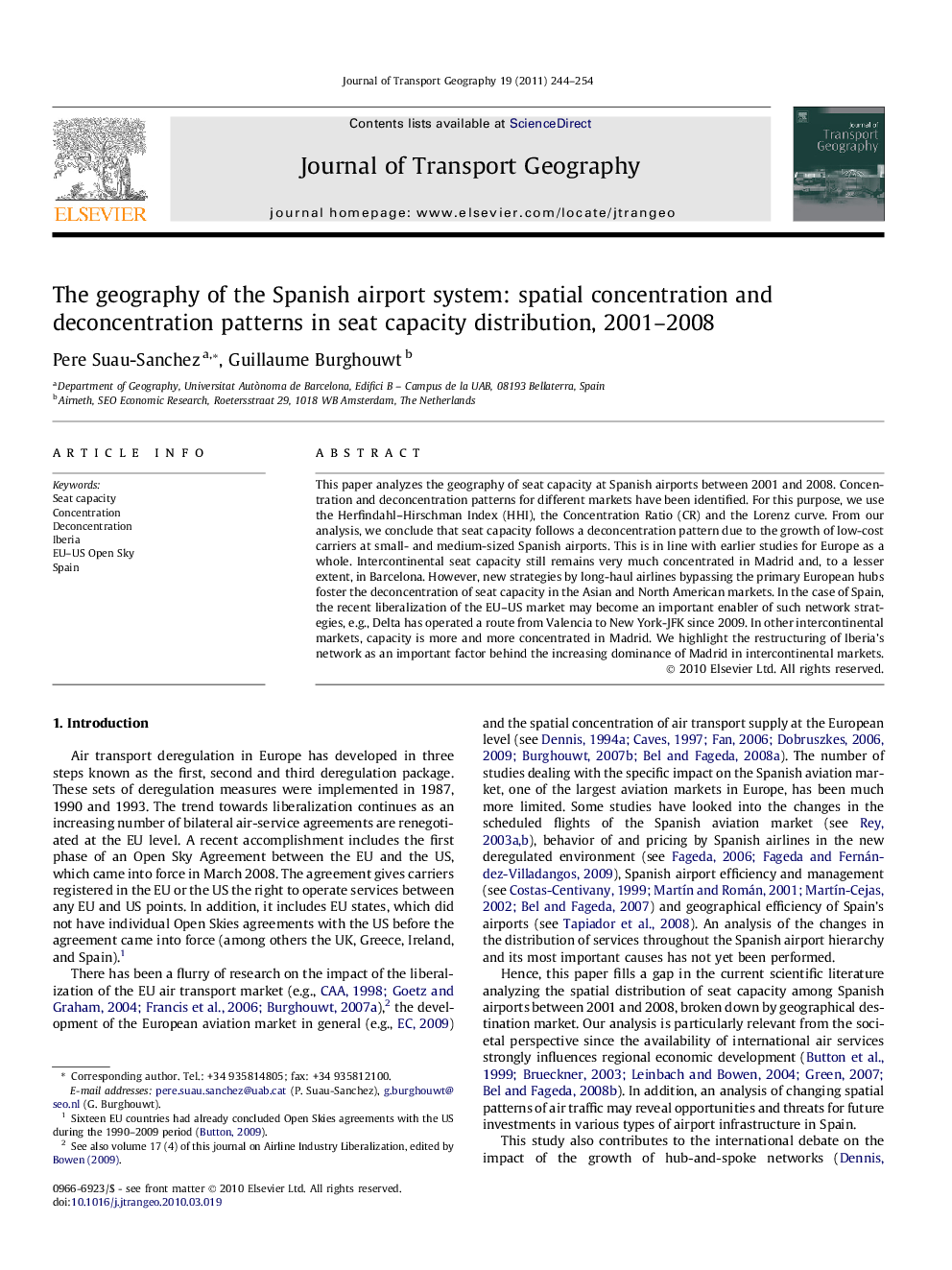 The geography of the Spanish airport system: spatial concentration and deconcentration patterns in seat capacity distribution, 2001–2008