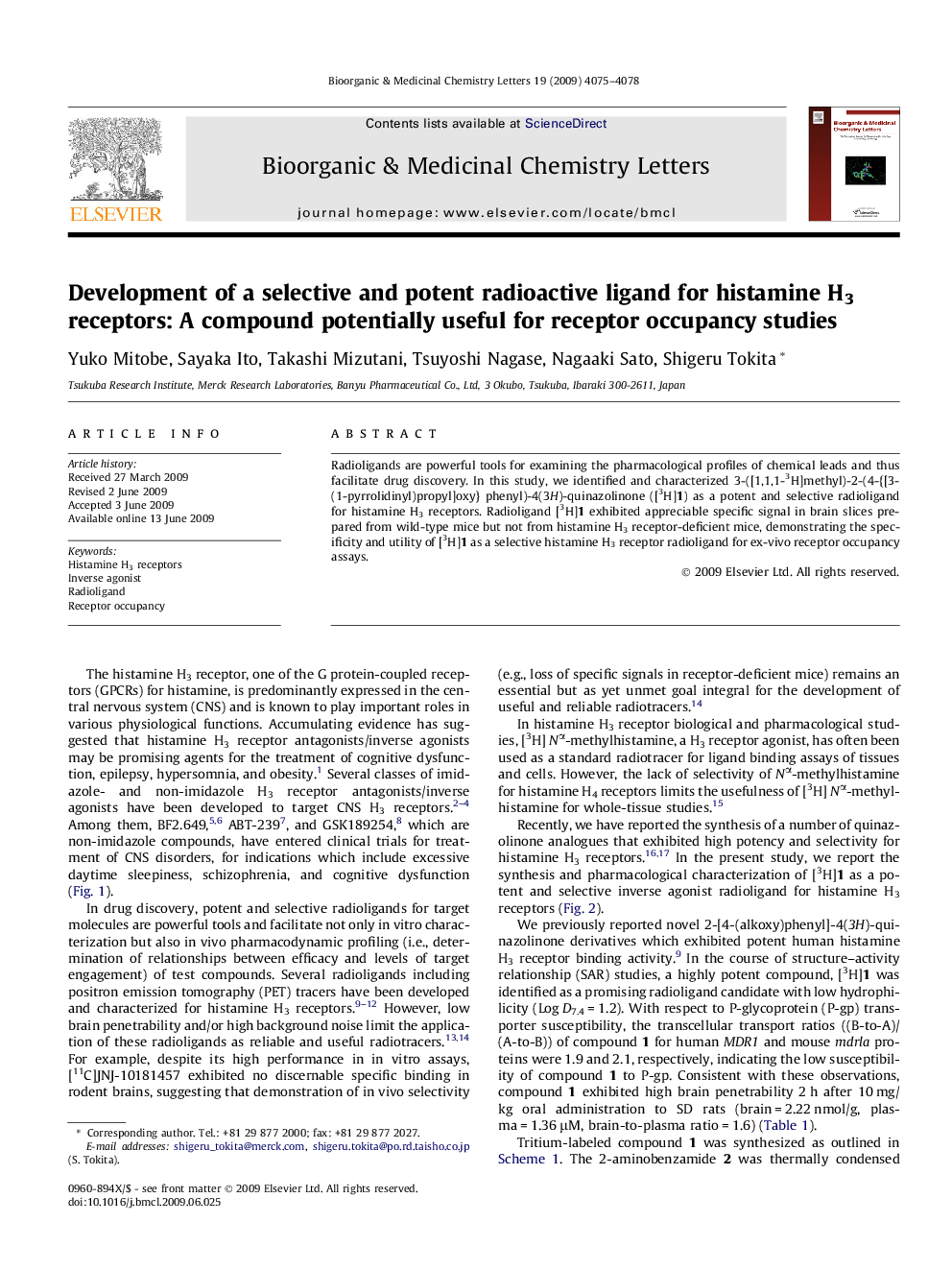 Development of a selective and potent radioactive ligand for histamine H3 receptors: A compound potentially useful for receptor occupancy studies