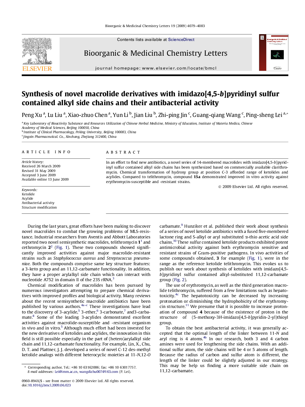 Synthesis of novel macrolide derivatives with imidazo[4,5-b]pyridinyl sulfur contained alkyl side chains and their antibacterial activity