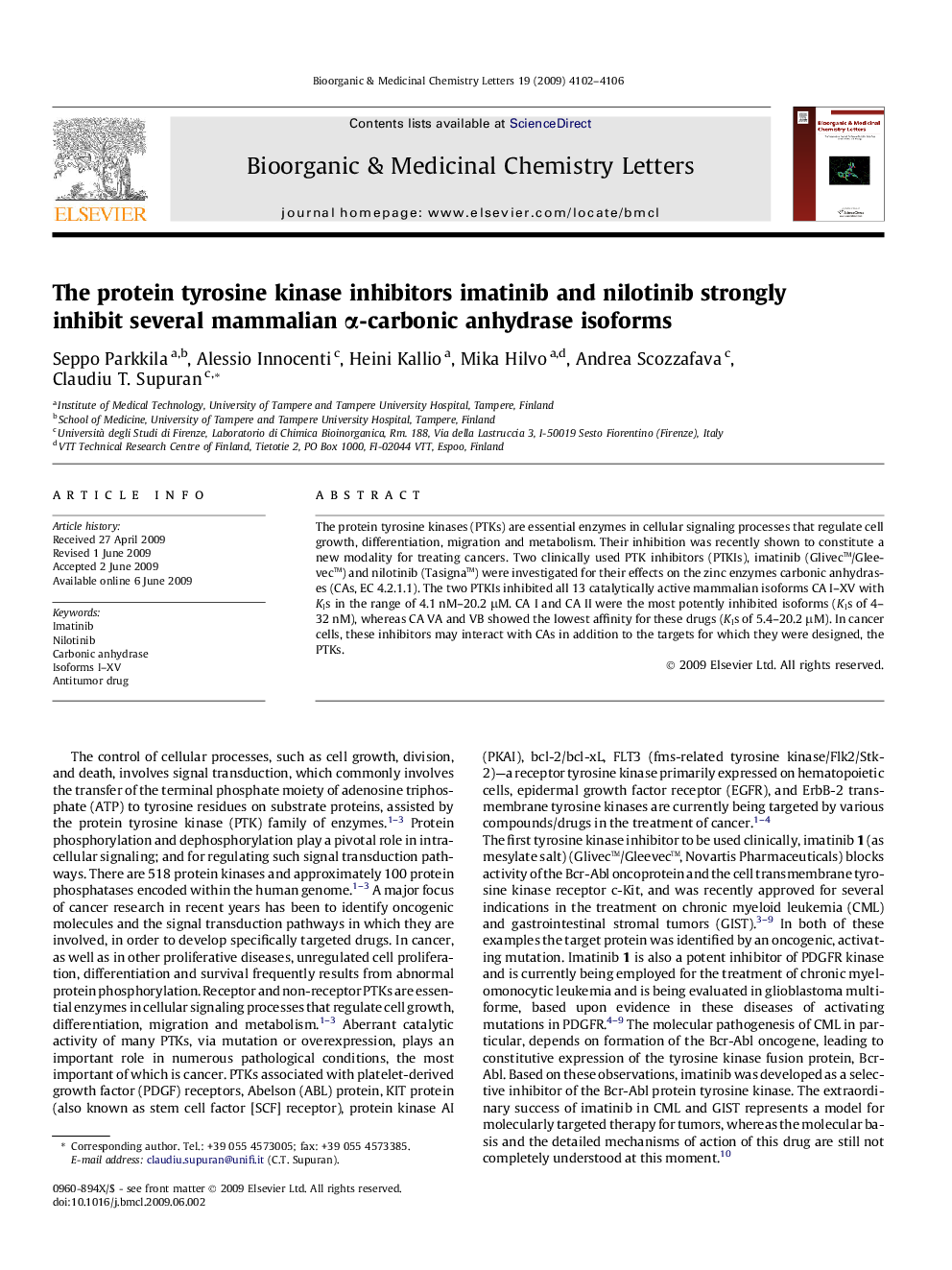 The protein tyrosine kinase inhibitors imatinib and nilotinib strongly inhibit several mammalian Î±-carbonic anhydrase isoforms