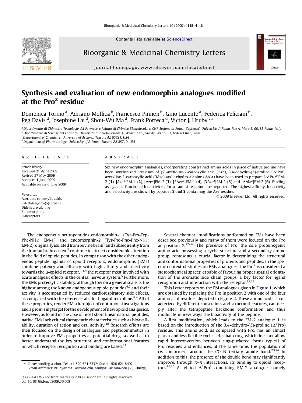 Synthesis and evaluation of new endomorphin analogues modified at the Pro2 residue