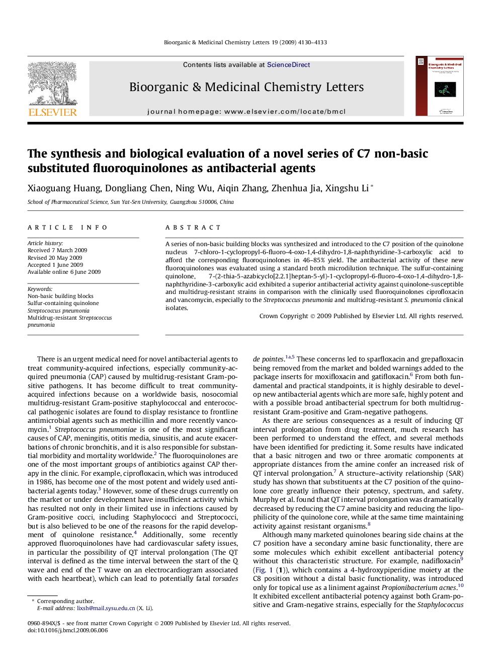 The synthesis and biological evaluation of a novel series of C7 non-basic substituted fluoroquinolones as antibacterial agents