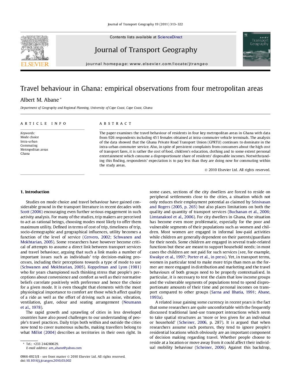 Travel behaviour in Ghana: empirical observations from four metropolitan areas