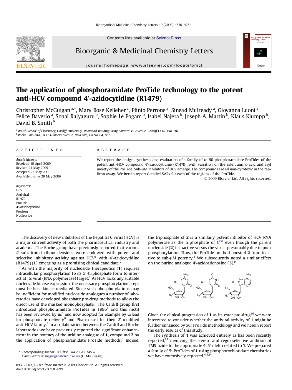 The application of phosphoramidate ProTide technology to the potent anti-HCV compound 4â²-azidocytidine (R1479)